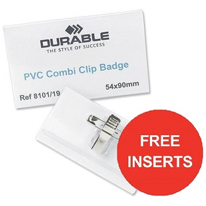 Durable Name Badges Combi Clip 54x90mm - Pack of 50 - Offer Includes a FREE pack of Inserts