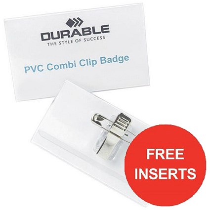 Durable Name Badges Combi Clip 40x75mm - Pack of 50 - Offer Includes a FREE pack of Inserts