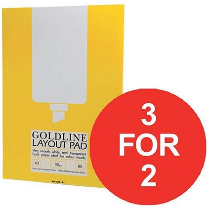 Goldline Layout Pad Bank Paper Acid-free 50gsm 80 Sheets A3 / Pack of 5 / 3 for the Price of 2