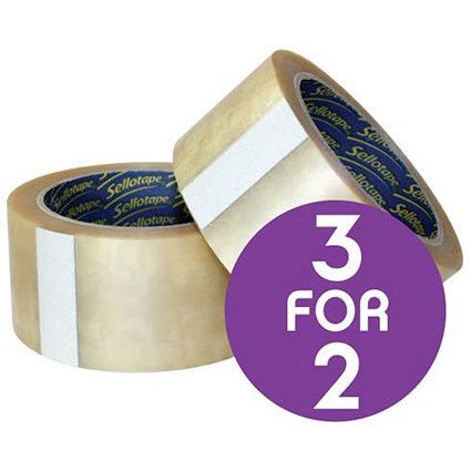 Sellotape Case Sealing Tape Vinyl / 50mm x 66m / Clear/ Pack of 6 / 3 Packs for the Price of 2