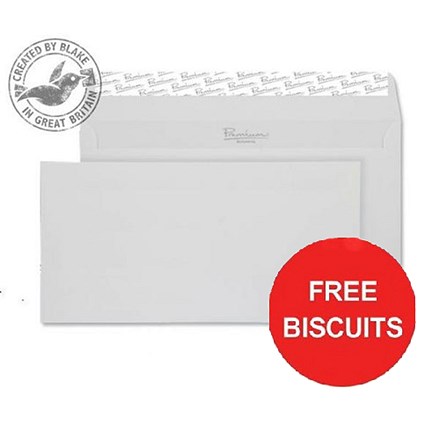 Blake Premium DL Wallet Envelopes / Brilliant White / Peel & Seal / 120gsm / Pack of 500 / Offer Includes FREE Biscuits