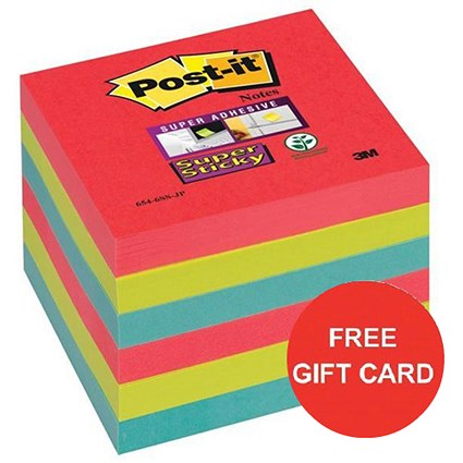 Post-it Super Sticky Colour Notes / 76x76mm / BoraBora / Pack of 6 x 90 Notes x 2 / Claim a FREE Gift Card