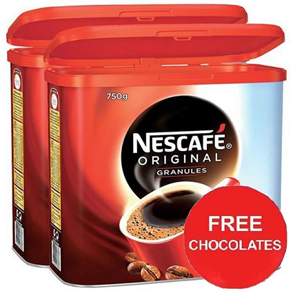Nescafe Original Instant Coffee Granules Tin / 750g x2 / Offer Includes FREE Chocolates
