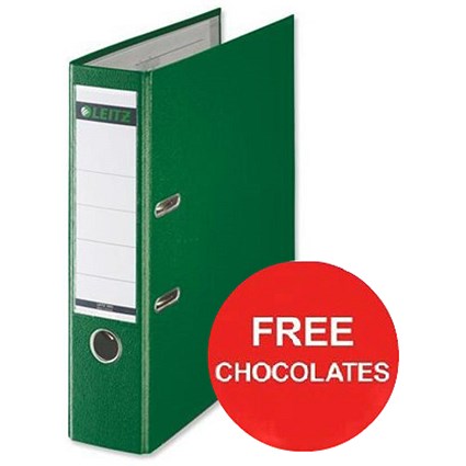 Leitz A4 Lever Arch Files / Plastic / 80mm Spine / Green / Pack of 10 / Offer Include FREE Chocolates
