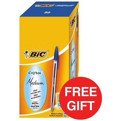 Bic Cristal Ball Pen / Clear Barrel / Blue / Pack of 50 / Offer Includes FREE Pens