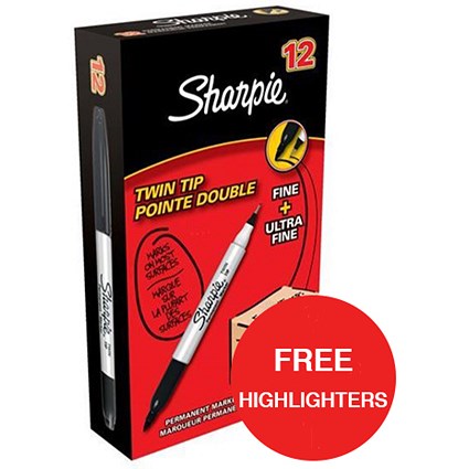 Sharpie Twin Tip Permanent Marker / Black / Pack of 12 / Offer Includes FREE Pack of Highlighters