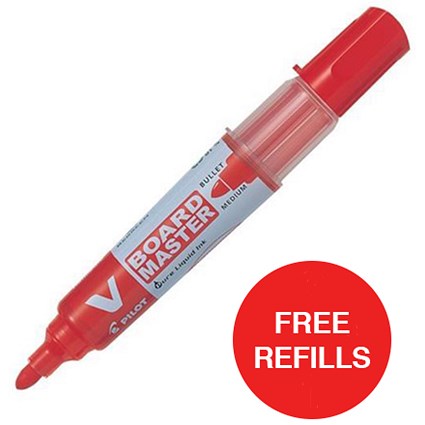Pilot V Board Master Whiteboard Markers / Red / Pack of 10 / Offer Includes FREE Pack of Refills