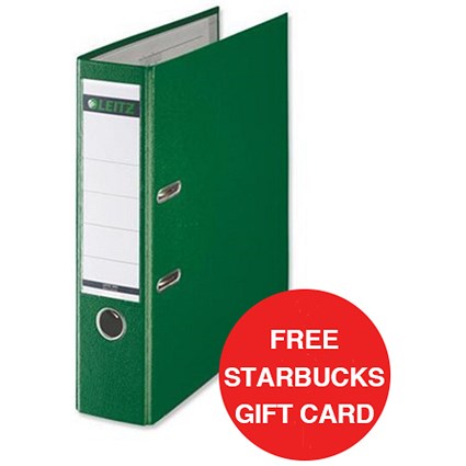 Leitz A4 Lever Arch Files / Plastic / 80mm Spine / Green / Pack of 10 / Offer Includes FREE £5 Starbucks Gift Card