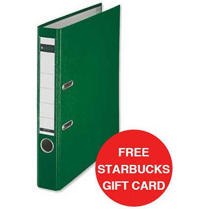 Leitz A4 Mini Lever Arch Files / Plastic / 50mm Spine / Green / Pack of 10 / Offer Includes FREE £5 Starbucks Gift Card