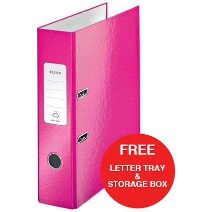 Leitz WOW A4 Lever Arch Files / 80mm Spine / Pink / Pack of 10 / Offer Includes FREE A4 Storage Box & Letter Tray