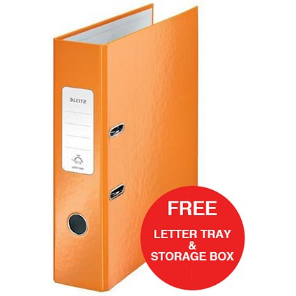 Leitz WOW A4 Lever Arch Files / 80mm Spine / Orange / Pack of 10 / Offer Includes FREE A4 Storage Box & Letter Tray