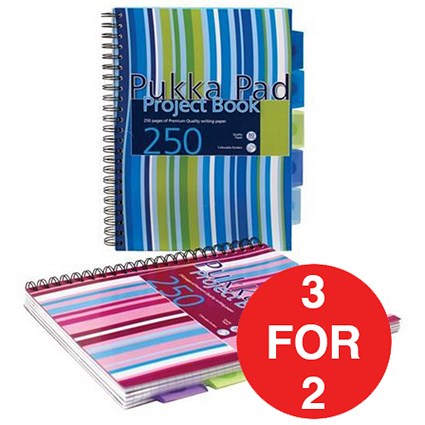 Pukka Pad Wirebound Project Notebook / A4 / Ruled / 250 Pages / 5-Divider / Assorted / Pack of 3 / 3 for the Price of 2
