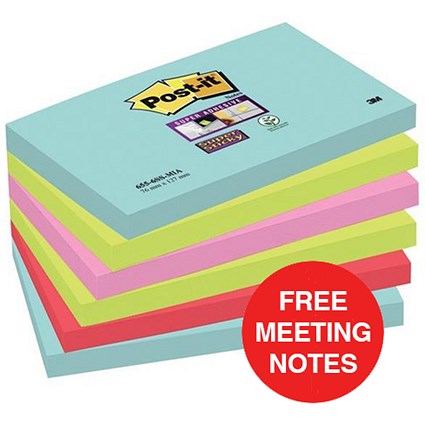 Post-it Super Sticky Notes / 76x127mm / Pack of 6 x 90 notes / Offer Includes FREE Meeting Notes