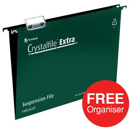 Rexel CrystalFiles Extra Suspension Files / V Base / 15mm Capacity / Foolscap / Green / 2 Packs of 25 / Offer Includes FREE Organiser