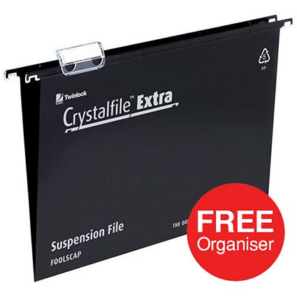 Rexel CrystalFiles Extra Suspension Files / V Base / 15mm Capacity / Foolscap / Black / 2 Packs of 25 / Offer Includes FREE Organiser