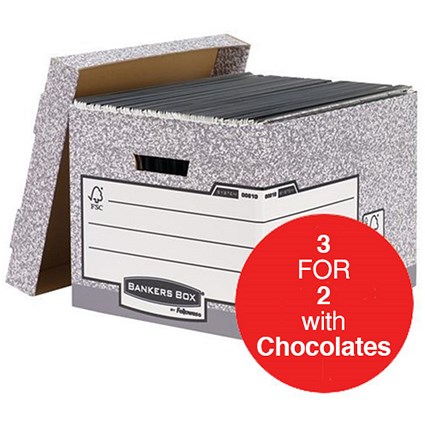 Fellowes Bankers Box System Storage Boxes / Foolscap / W333xD390xH285mm / Pack of 10 / 3 for the Price of 2 with FREE Cadbury Hero Bag