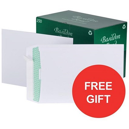 Basildon Bond Recycled C4 Pocket Envelopes / White / Peel & Seal / 120gsm / Pack of 250 / Offer Includes FREE Tetley Fruit and Herbal Tea
