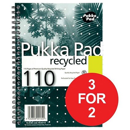 Pukka Pad Recycled Wirebound Notebook / A5 / Perforated / Ruled / 110 Pages / Pack of 3 / 3 for the Price of 2