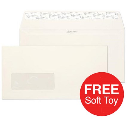 Blake Premium DL Wallet Envelopes / Window / Laid / High White / Peel & Seal / 120gsm / 2 Packs of 500 / Offer Includes FREE Zebra Soft Toy