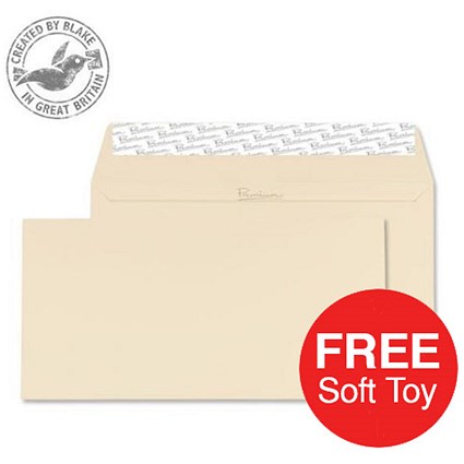 Blake Premium DL Wallet Envelopes / Wove / Cream / Peel & Seal / 120gsm / 2 Packs of 500 / Offer Includes FREE Zebra Soft Toy