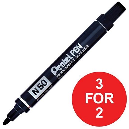 Pentel N50 Permanent Marker / Bullet Tip / Black / Pack of 12 / 3 for the Price of 2