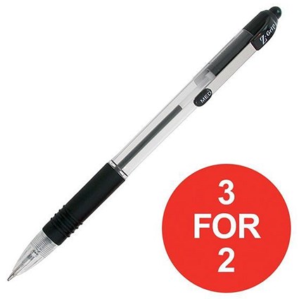 Zebra Z-Grip Medium Retractable Ball Pen / Metal Clip / Black / Pack of 12 / 3 for the Price of 2