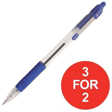 Zebra Z-Grip Medium Retractable Ball Pen / Metal Clip / Blue / Pack of 12 / 3 for the Price of 2