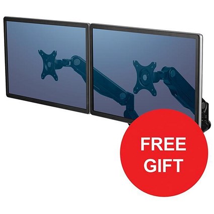 Fellowes Dual Monitor Arm / Adjustable 360-degree Rotation / Black / Offer Includes FREE Evian Water 24 pack