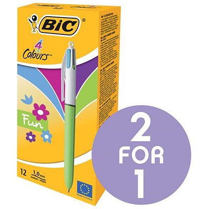 Bic 4-Colour Fashion Ball Pen / Pink Purple Turquoise Lime Green / Pack of 12 / Buy One Get One FREE