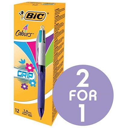 Bic 4-Colour Grip Pro Ball Pen / Pink Purple Green Blue / Pack of 12 / Buy One Get One FREE