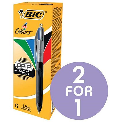 Bic 4-Colour Grip Pro Ball Pen / Blue Black Red Green / Pack of 12 / Buy One Get One FREE