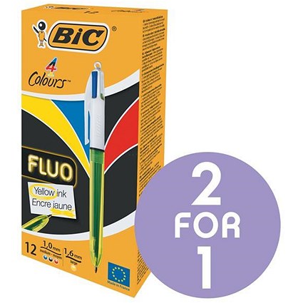 Bic 4 Colour Fluo Ballpoint Pen / Black, Blue, Red & Yellow Ink / Pack of 12 / Buy One Get One FREE