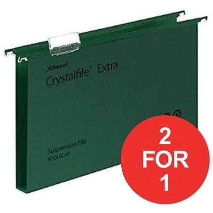 Rexel CrystalFiles Extra Suspension Files / Square Base / 30mm Capacity / Foolscap / Green / Pack of 25 / Buy One Get One FREE