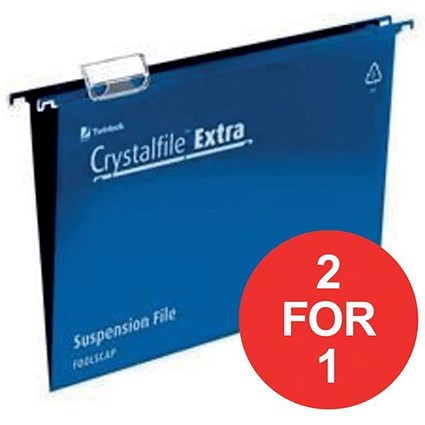 Rexel CrystalFiles Extra Suspension Files / V Base / 15mm Capacity / Foolscap / Blue / Pack of 25 / Buy One Get One FREE