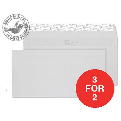 Blake Premium DL Wallet Envelopes / Wove / Brilliant White / Peel & Seal / 120gsm / Pack of 500 / 3 for the Price of 2