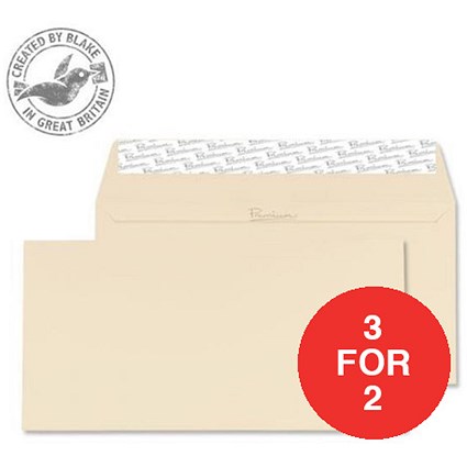 Blake Premium DL Wallet Envelopes / Wove / Cream / Peel & Seal / 120gsm / Pack of 500 / 3 for the Price of 2