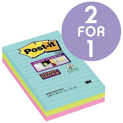 Post-it Super Sticky Removable Notes / 101x152mm / Miami Assorted / Pack of 3 x 90 Notes / Buy One Get One FREE