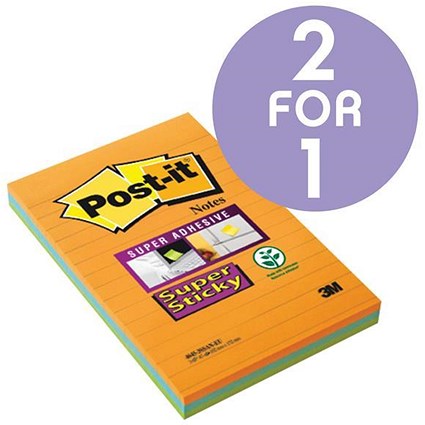 Post-it Super Sticky Removable Notes / 102x152mm / Bangkok Assorted / Pack of 3 x 90 Notes / Buy One Get One FREE