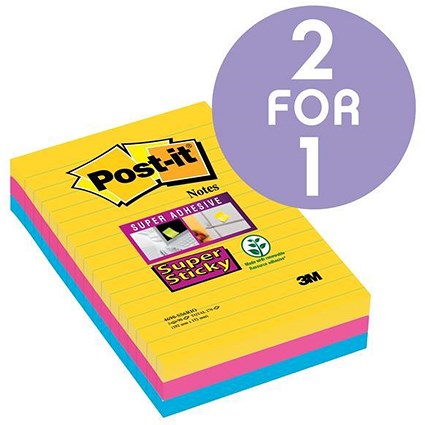 Post-it Super Sticky Removable Notes / 102x152mm / Rio Assorted / Pack of 3 x 90 Notes / Buy One Get One FREE