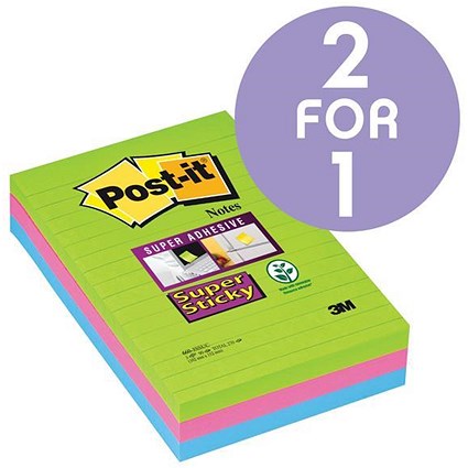 Post-it Super Sticky Removable Notes / 102x152mm / Ultra Assorted / Pack of 3 x 90 Notes / Buy One Get One FREE