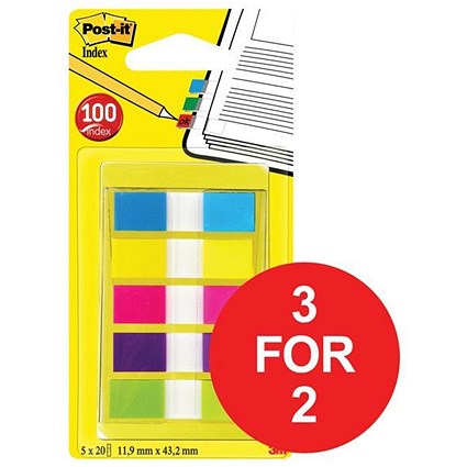 Post-it Small Index Portable pack / Bright Colours / Pack of 100 / 3 for the Price of 2