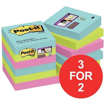 Post-It Super Sticky Notes / 47.6x47.6mm / Miami Neon Assorted / 12 Pads of 90 Notes / 3 for the Price of 2