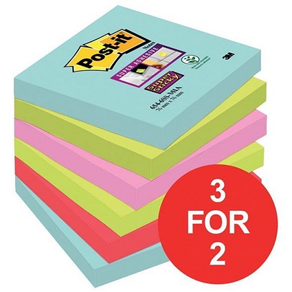 Post-it Super Sticky Notes / 76x76mm / Miami Assorted / 6 Pads of 90 Notes / 3 for the Price of 2