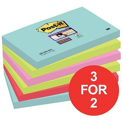 Post-It Super Sticky Notes / 76x127mm / Miami Neon Assorted / 6 Pads of 90 Notes / 3 for the Price of 2
