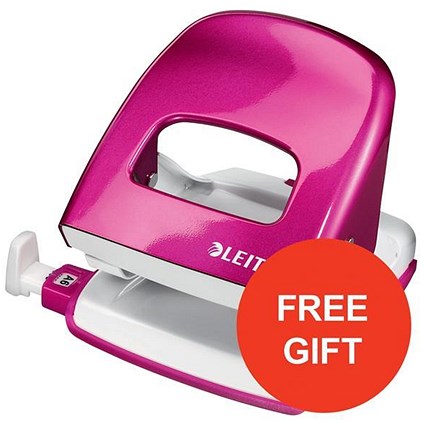 Leitz NeXXt WOW Hole Punch / Pink / Punch capacity: 30 Sheets / Offer Includes FREE Pink Duo Letter Tray