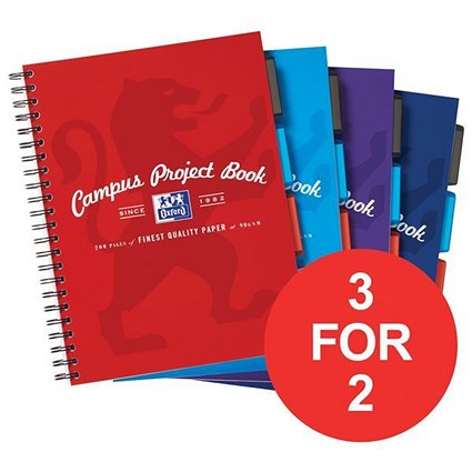 Oxford Campus Twinwire Project Book / A4 / Ruled & Margin / Assorted / Pack of 5 / 3 for the Price of 2