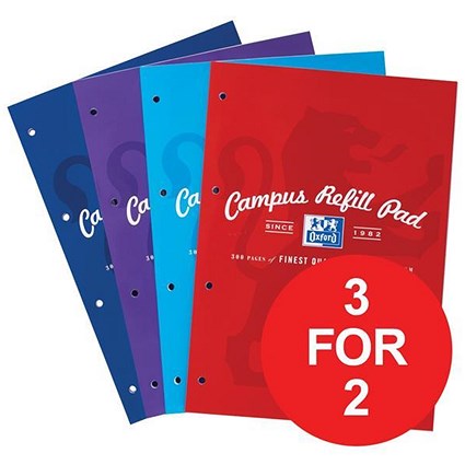 Oxford Campus Refill Pad / A4 / Ruled & Margin / Assorted / Pack of 3 / 3 for the Price of 2