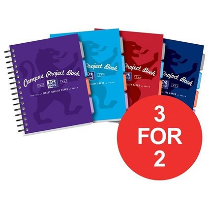 Oxford Campus Twinwire Project Book / A5 / Ruled & Margin / Assorted / Pack of 5 / 3 for the Price of 2