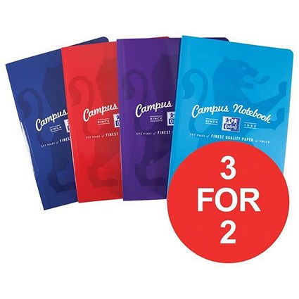Oxford Campus Soft Cover Casebound Notebook / A4 / Ruled & Margin / Assorted / Pack of 5 / 3 for the Price of 2