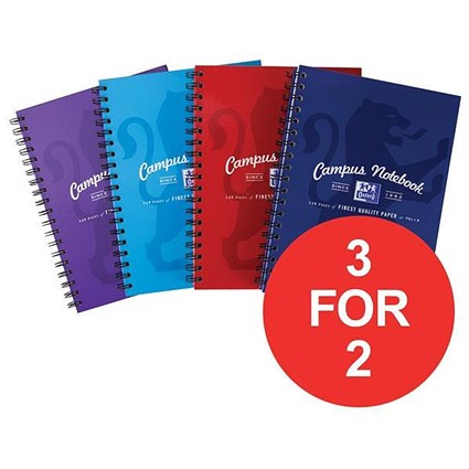 Oxford Campus Hardback Wirebound Notebook / B5 / Ruled & Margin / Assorted / Pack of 5 / 3 for the Price of 2